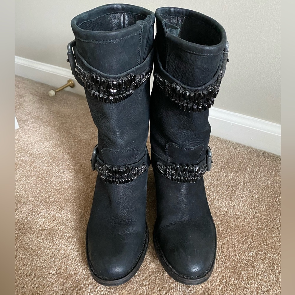 Vera Wang Lavender Moto Biker Leather Embellished Side Buckles Boots Size 6.5